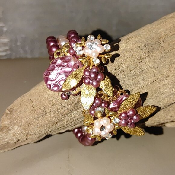Cuff Beaded Bracelet Vintage Pink Gold Floral Beaded Rhinestones Faux Pearl - Picture 2 of 16